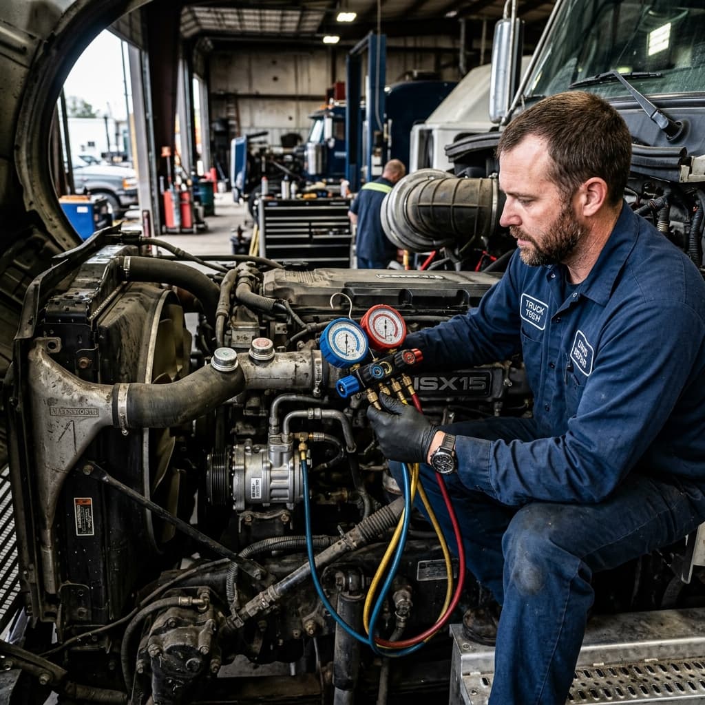 Mechanic diagnosing truck AC